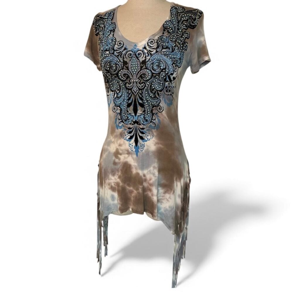 Vocal rhinestone fringe tunic top, ladies tie-dye small scoop neck tee